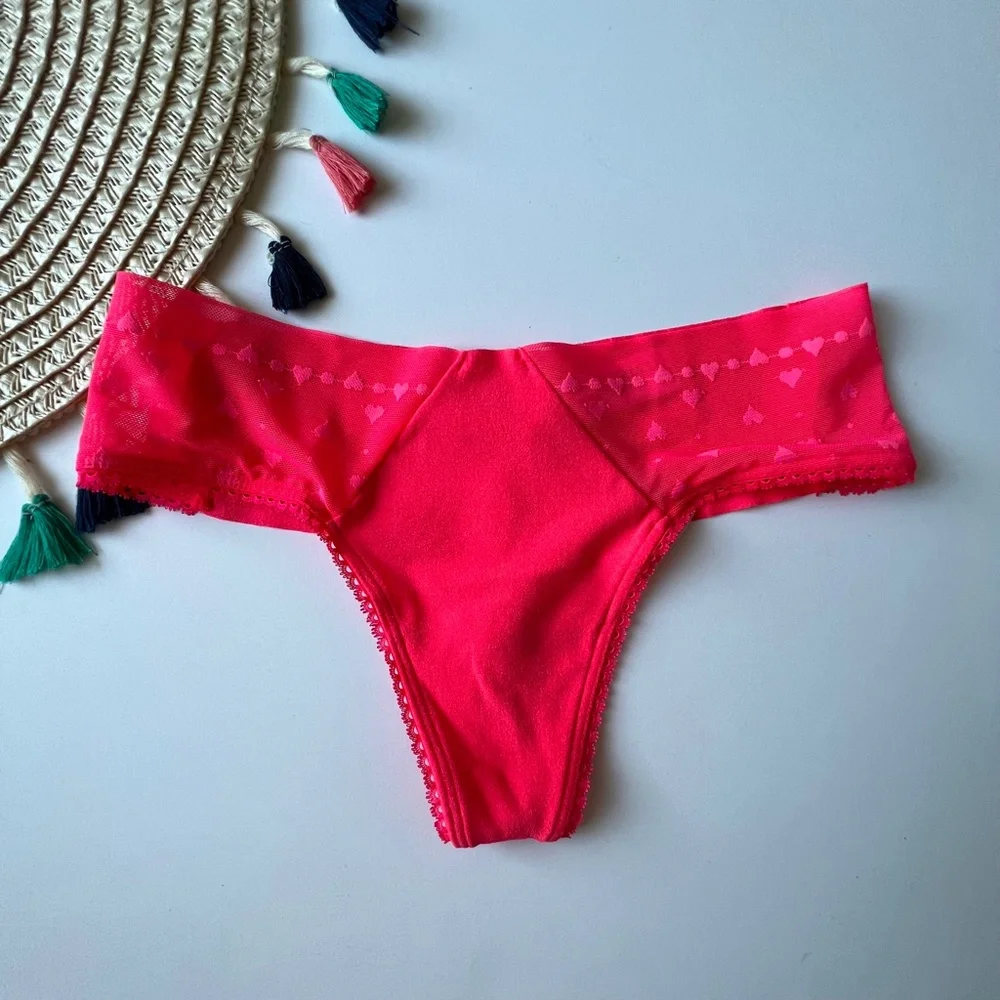 Victoria's Secret Lace-Trim No-Show Thong Panty Hottie Pink XS NEW
